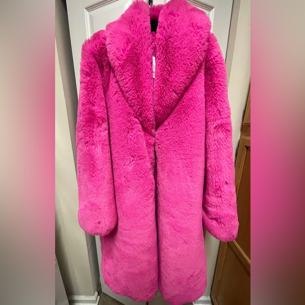 New York & Company Vibrant Pink Faux Fur Pea Coat